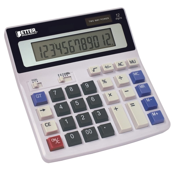 Better Office Products Ex Large Desktop Calculator, 12-Digit LCD Display, Light Gray, Dual Power W/Included AA Battery 00404 - main